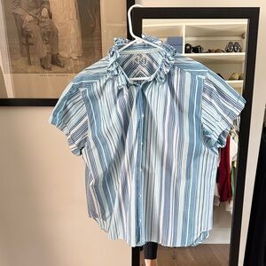 Blue Striped Women’s Shirt which was a design remake with fab collar ruffles.